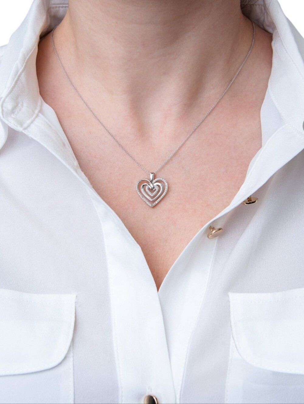 Sterling Silver Triple Heart Pendant Necklace - White